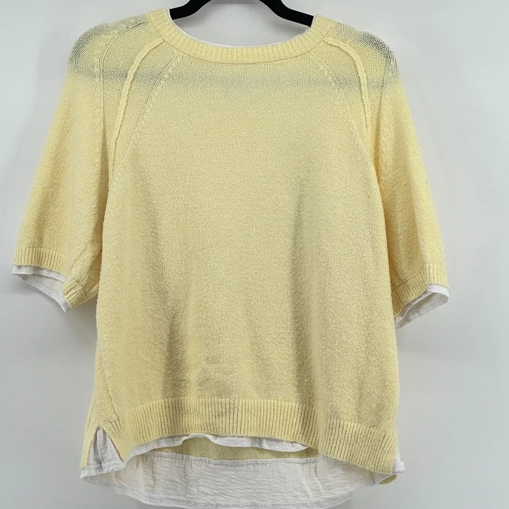 Design History Womens Yellow Layered Short Sleeve Knit Sweater Size L Cotton Mix